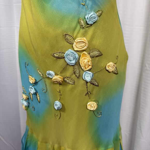 Vintage Sue Wong Size 4 Midi Dress Silk Gown Green Fairy Y2K Floral Whimsical - Picture 3 of 14